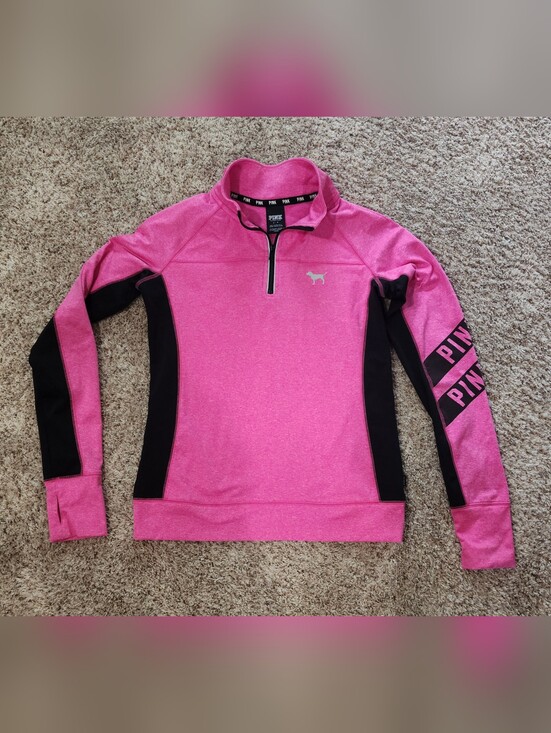 Victoria's Secret Tops - Victoria's Secret PINK Bright Pink and Black Half-Zip Pullover Small